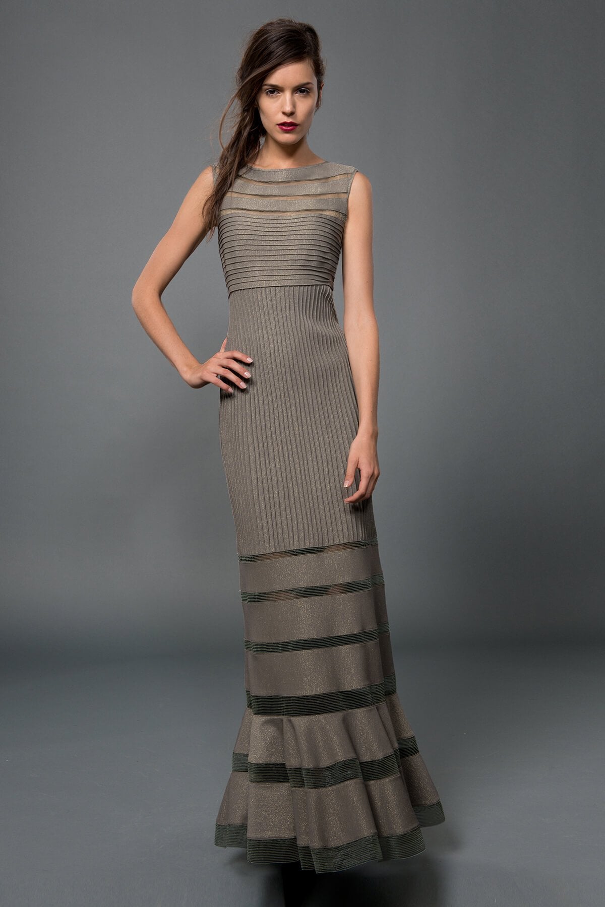 Metallic Pintuck Jersey Gown in Smoke Pearl