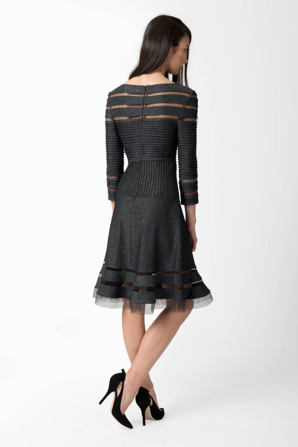Metallic Pintuck Jersey 3/4 Sleeve Cocktail Dress in Shadow