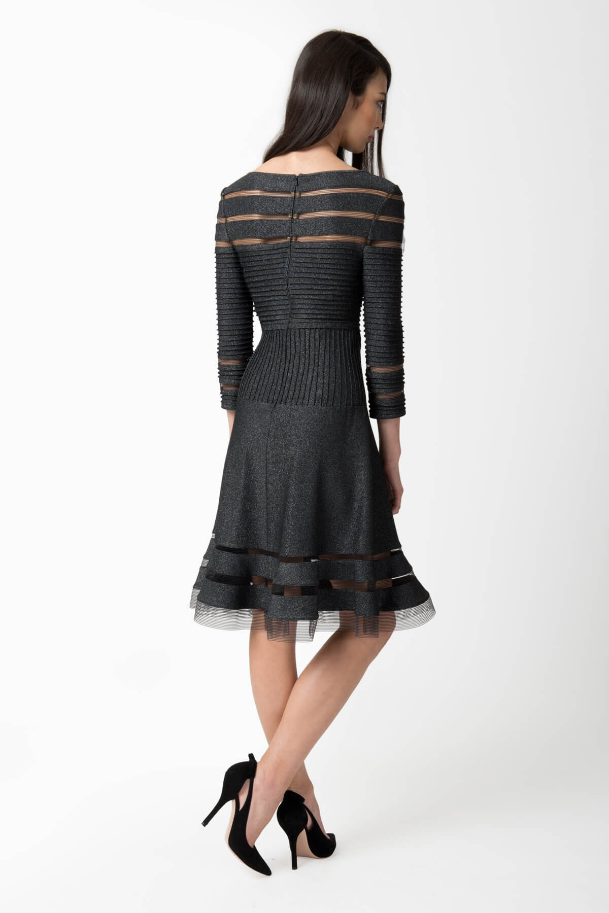 Metallic Pintuck Jersey 3/4 Sleeve Cocktail Dress in Shadow