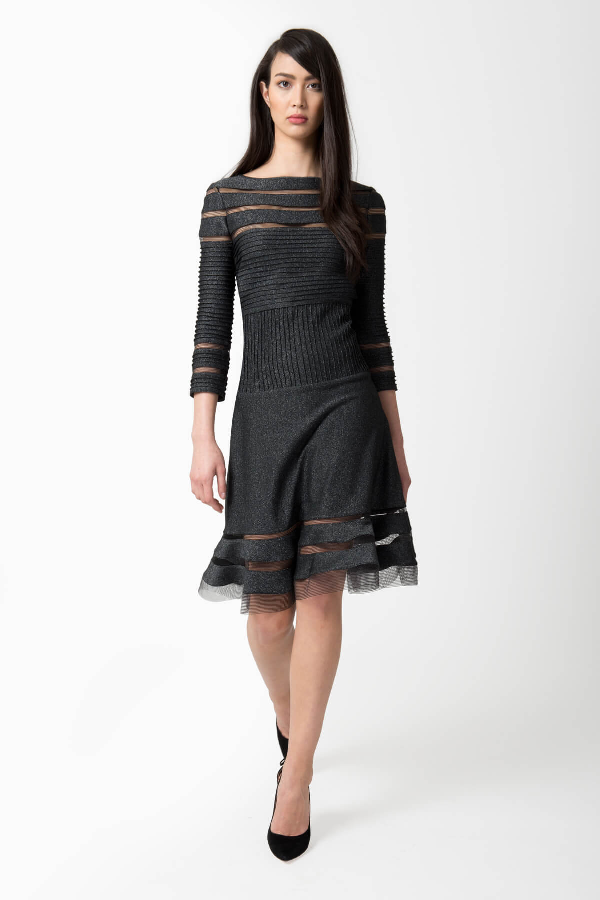 Metallic Pintuck Jersey 3/4 Sleeve Cocktail Dress in Shadow