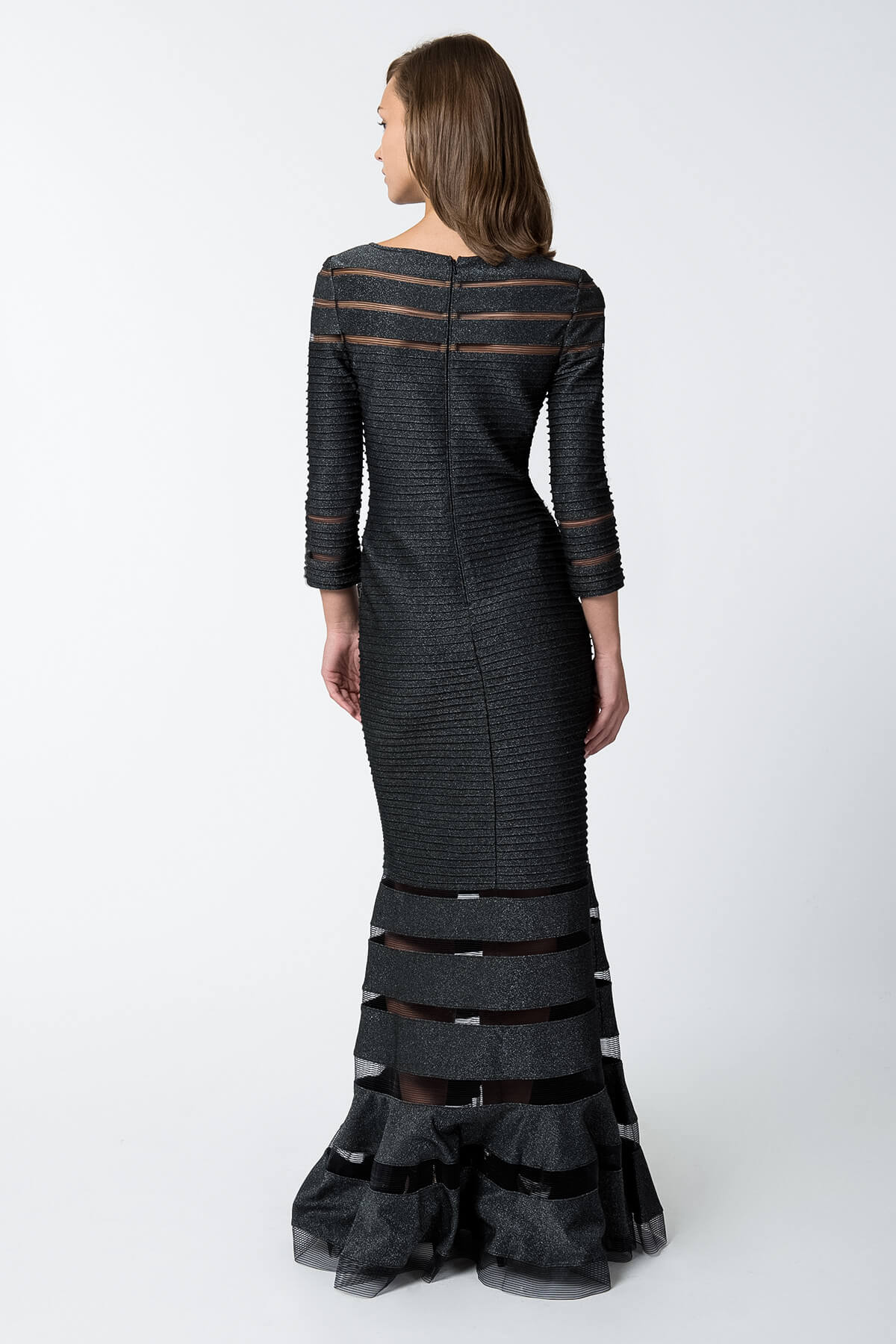 Pintuck Metallic Jersey 3/4 Sleeve Gown in Shadow