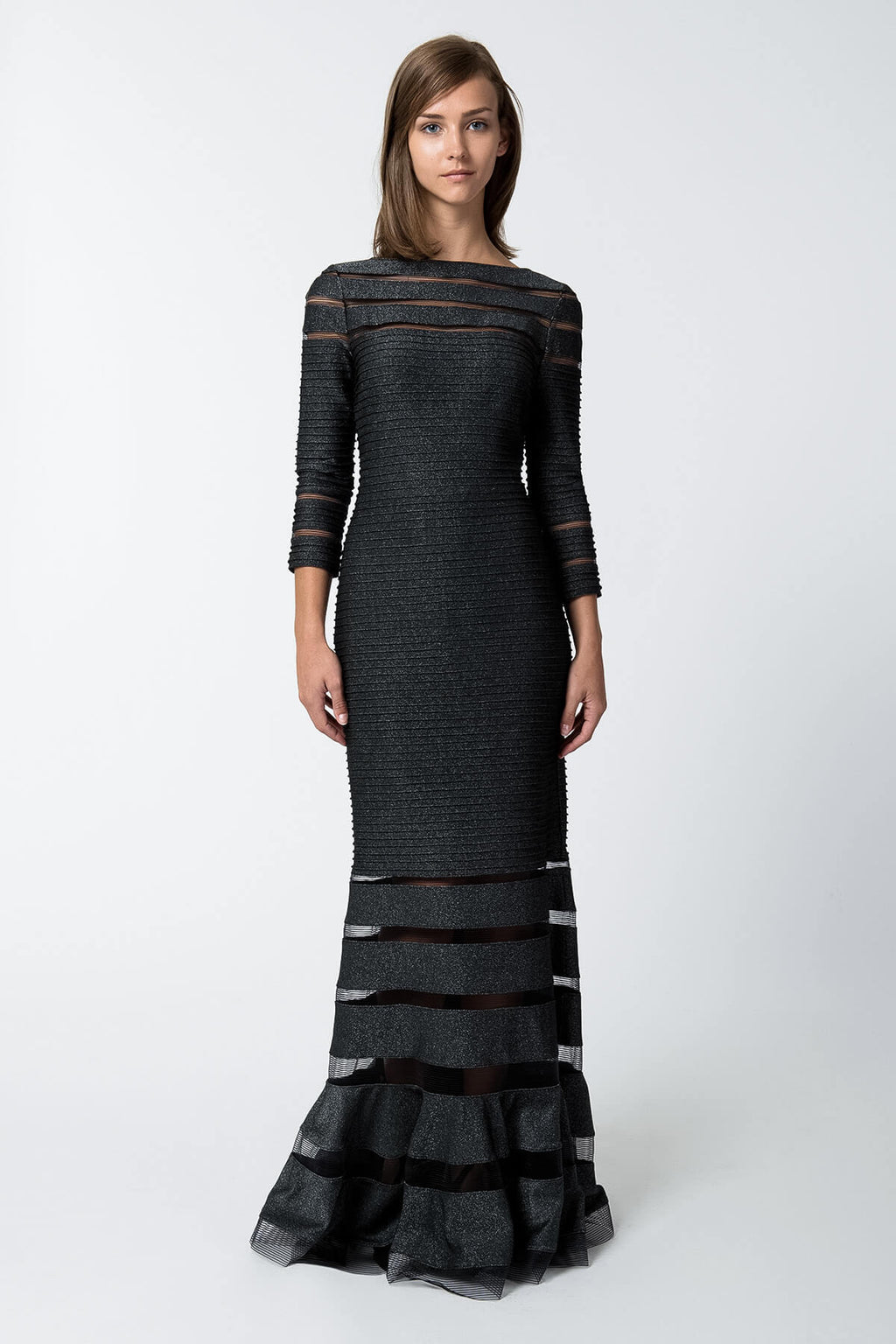 Pintuck Metallic Jersey 3/4 Sleeve Gown in Shadow