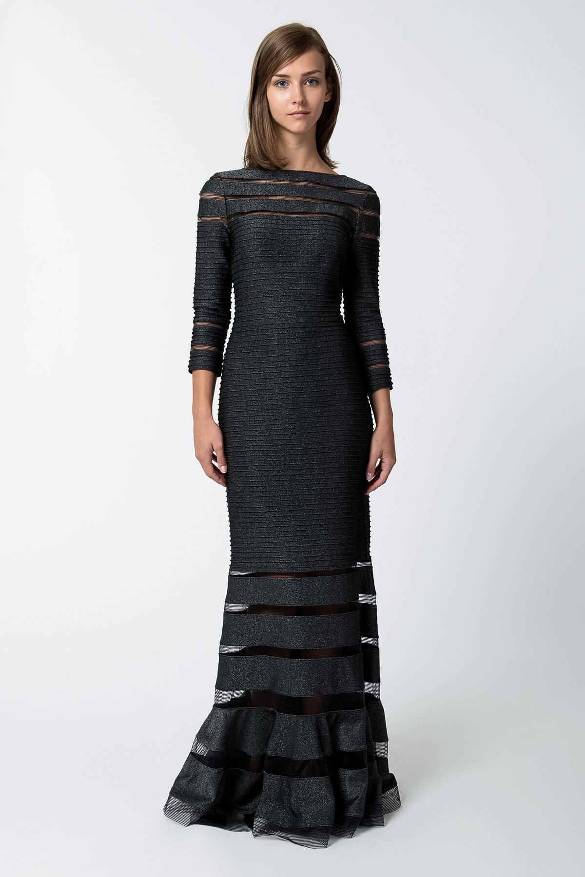 Pintuck Metallic Jersey 3/4 Sleeve Gown in Shadow