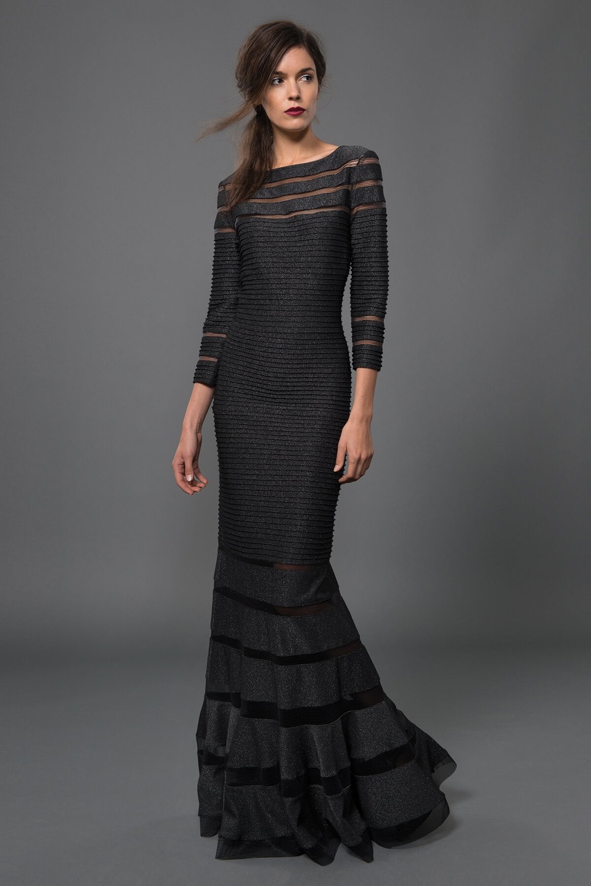 Pintuck Metallic Jersey 3/4 Sleeve Gown in Shadow