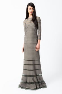 Pintuck Metallic Jersey 3/4 Sleeve Gown in Smoke Pearl