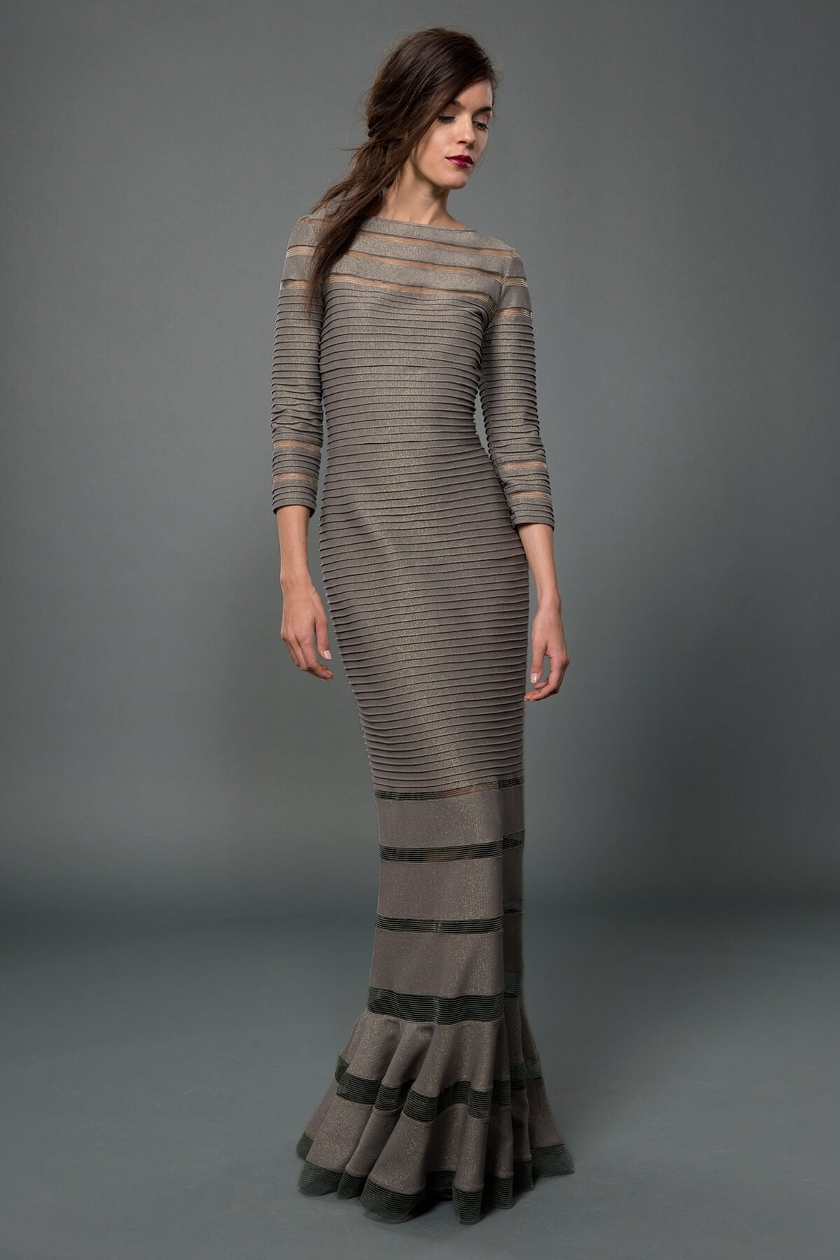 Pintuck Metallic Jersey 3/4 Sleeve Gown in Smoke Pearl