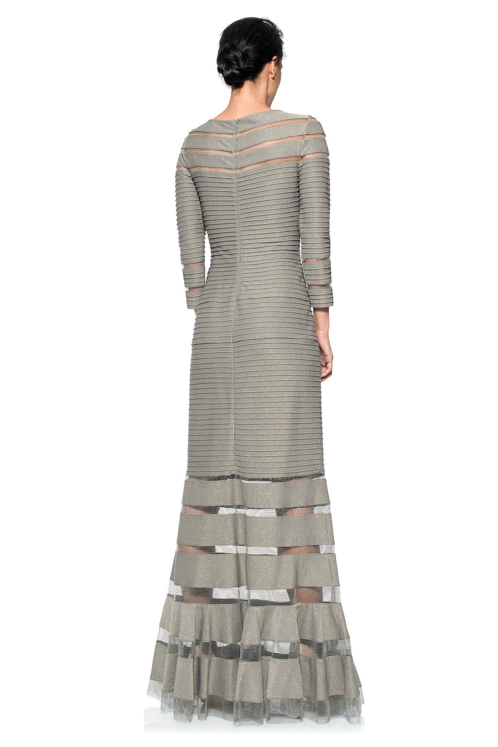 Pintuck Metallic Jersey 3/4 Sleeve Gown in Smoke Pearl