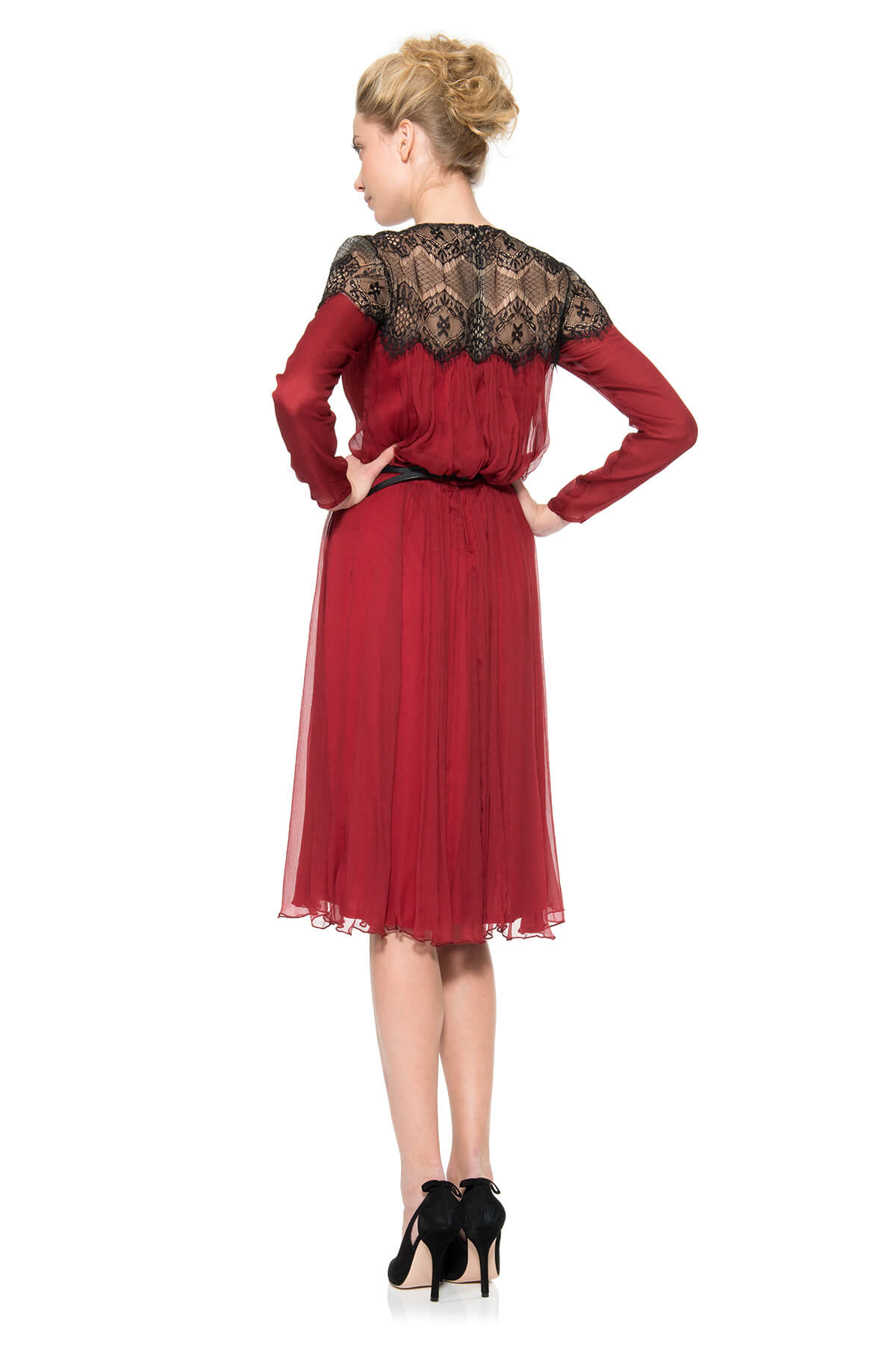Chiffon Draped Dress in Burgundy / Black