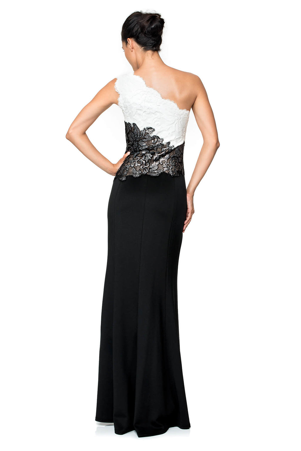 One Shoulder Crepe Gown with Paillette Embroidered Lace Inset