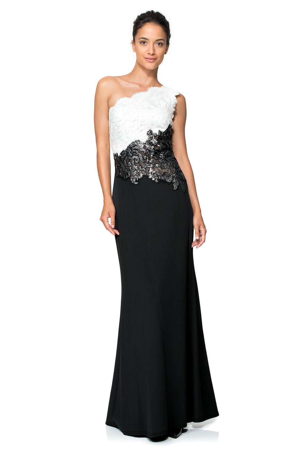 One Shoulder Crepe Gown with Paillette Embroidered Lace Inset