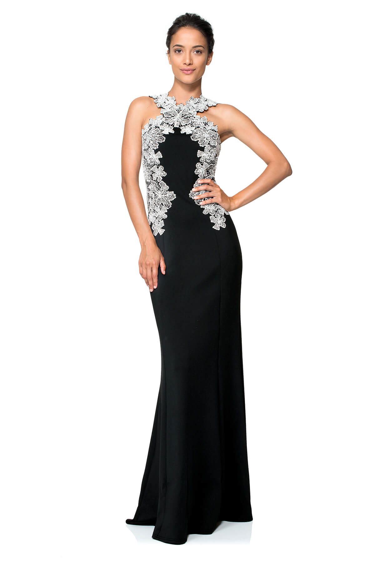 Embroidered Tulle and Crepe Halter Gown