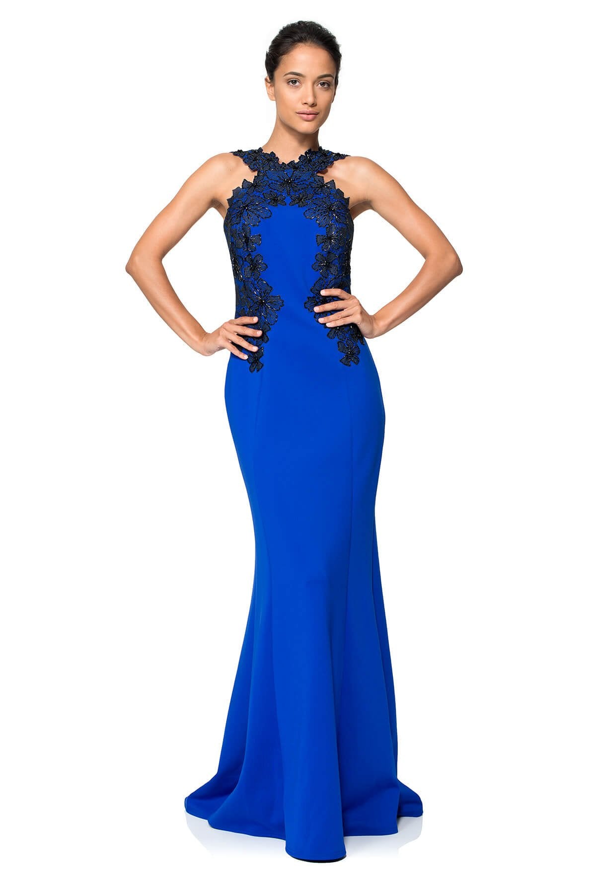 Embroidered Tulle and Crepe Halter Gown