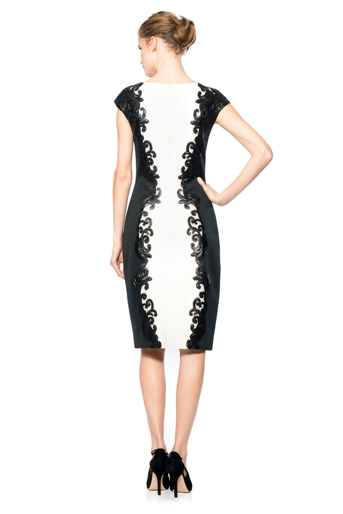 Crepe Boatneck Dress with Metallic Paillette Detail