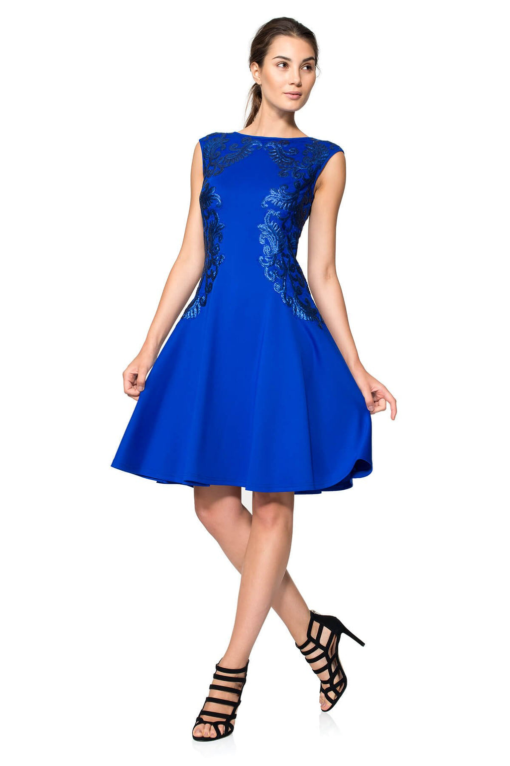 Neoprene and Paillette Embroidered Lace Boatneck A-Line Dress