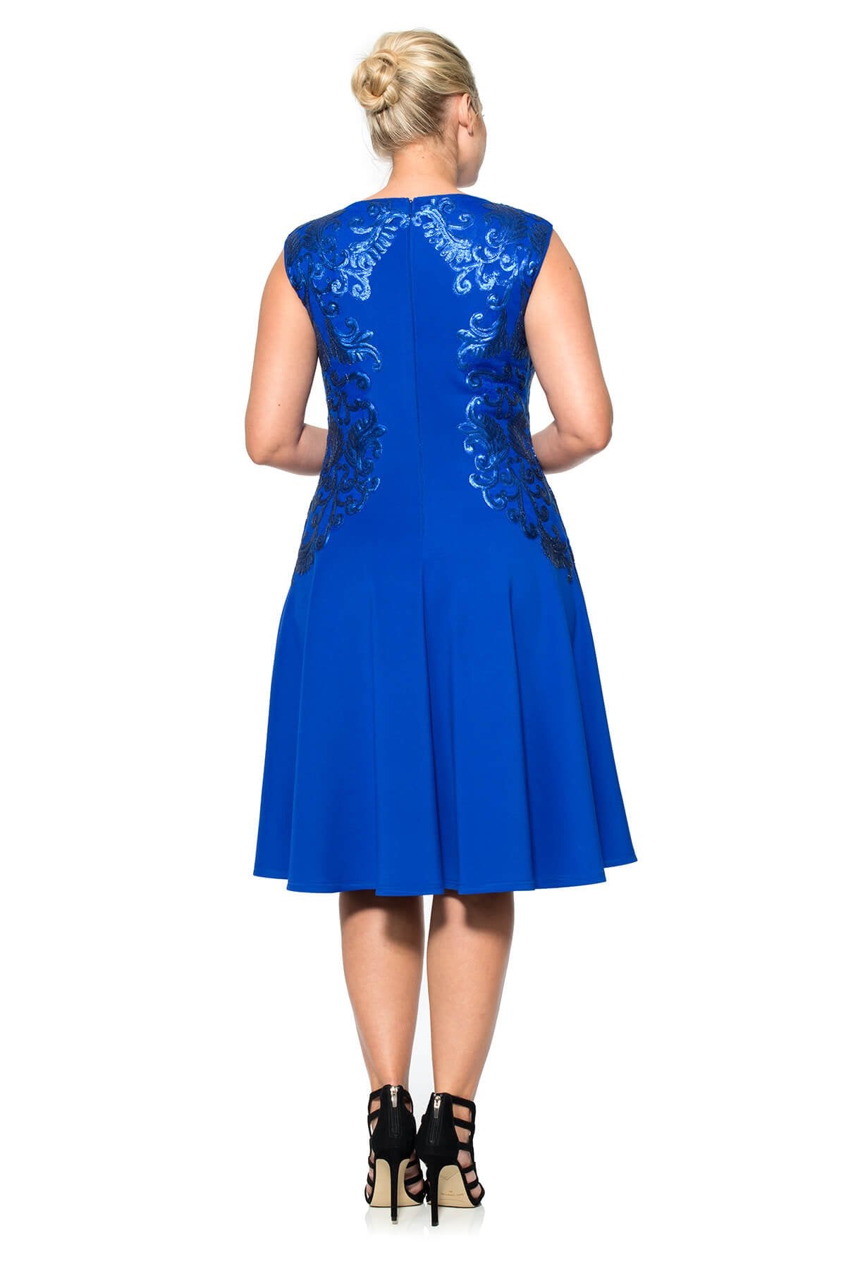 Neoprene and Paillette Embroidered Lace Boatneck A-Line Dress