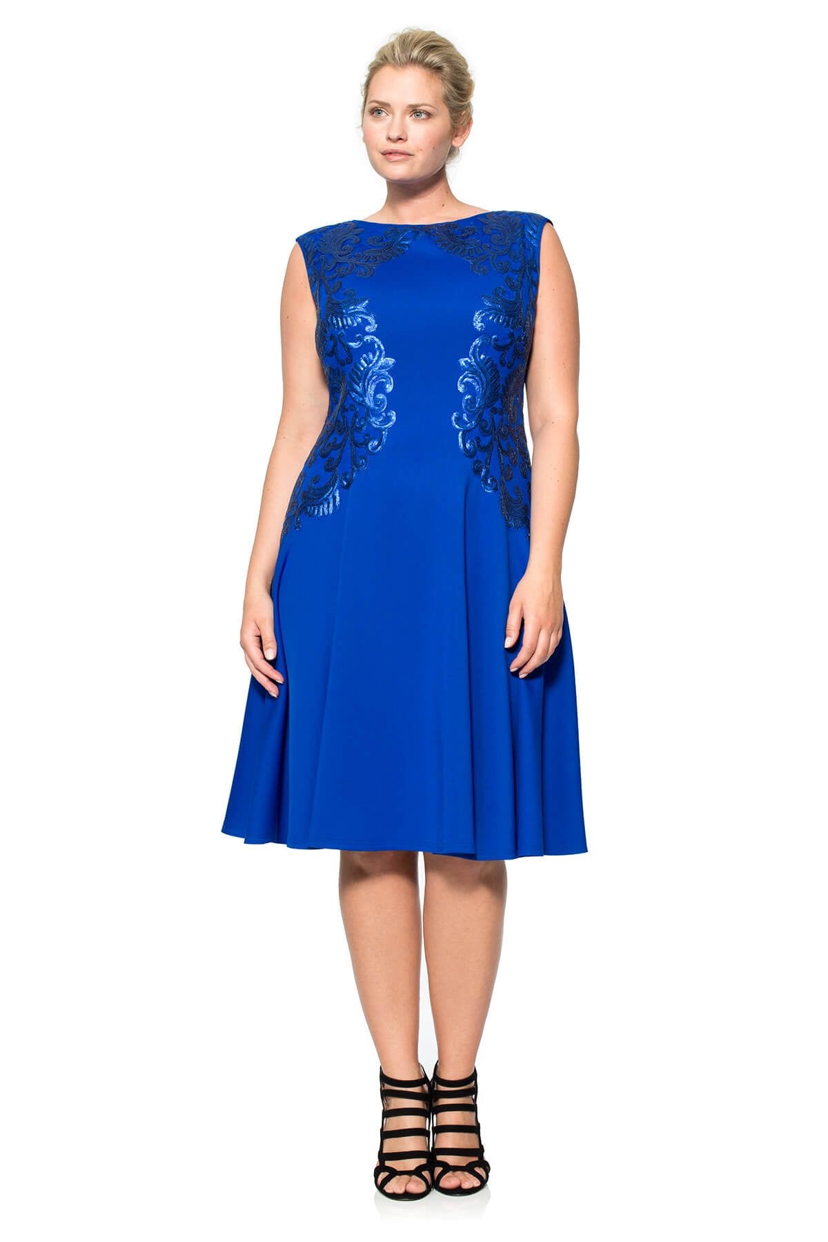 Neoprene and Paillette Embroidered Lace Boatneck A-Line Dress