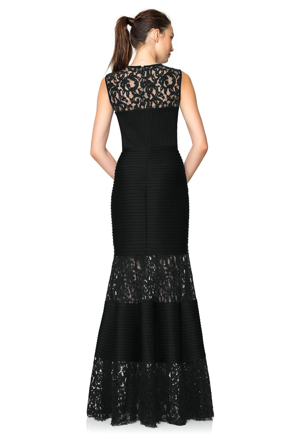 Pintuck Neoprene and Lace Illusion Gown