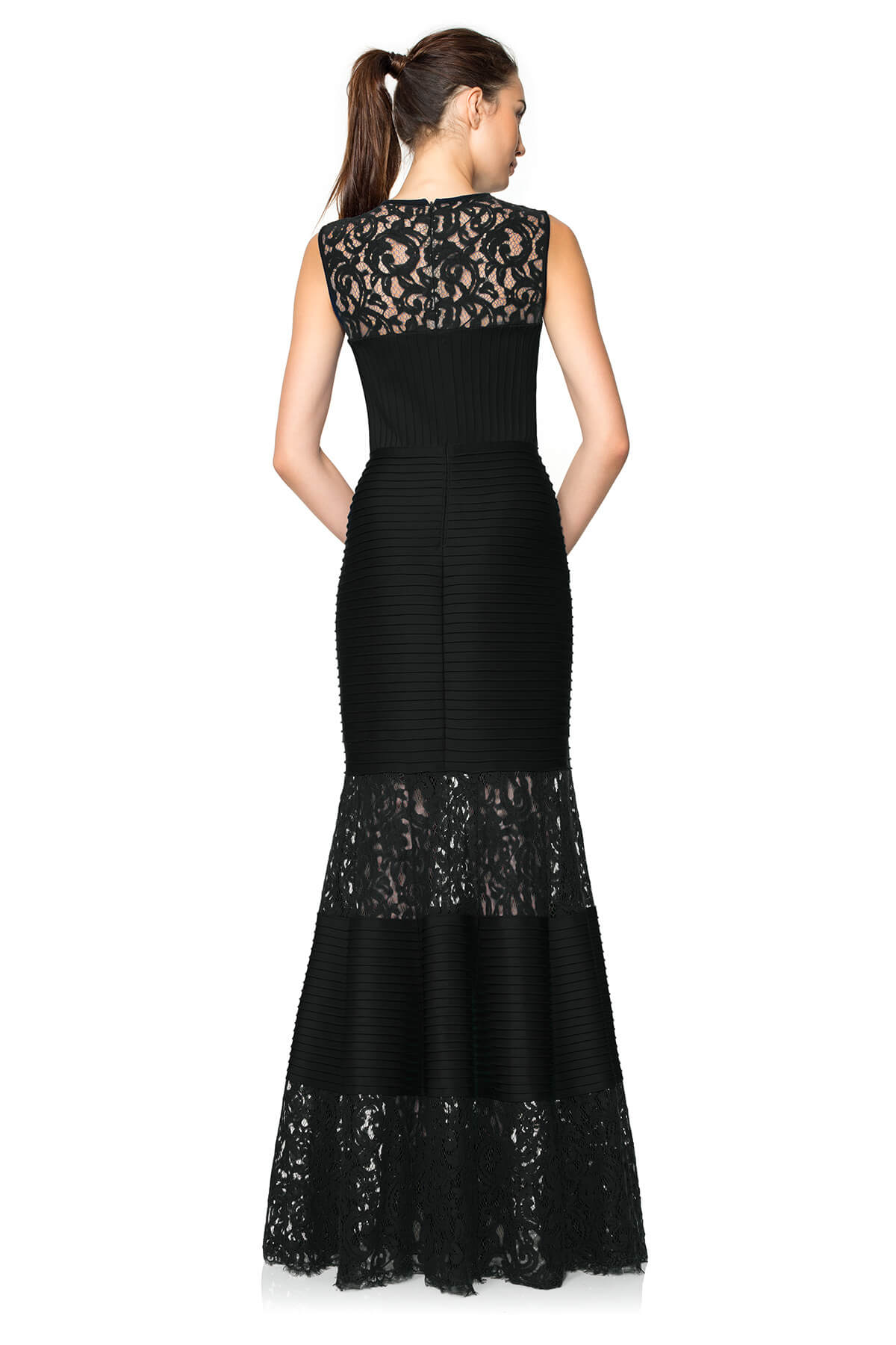 Pintuck Neoprene and Lace Illusion Gown