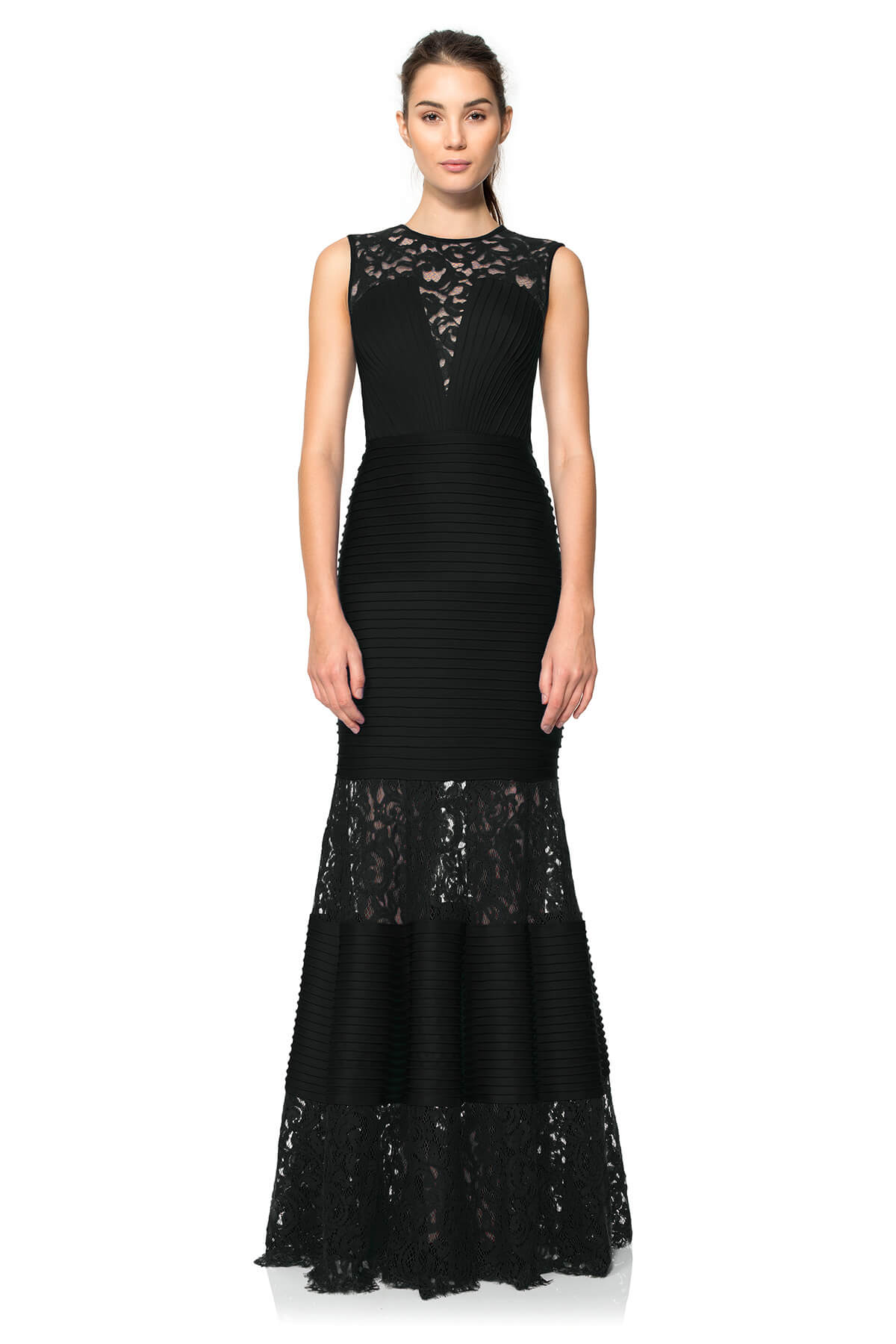 Pintuck Neoprene and Lace Illusion Gown