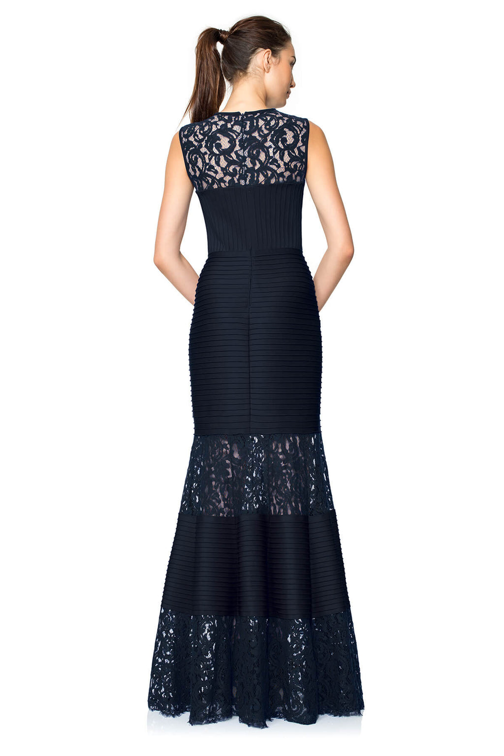 Pintuck Neoprene and Lace Illusion Gown