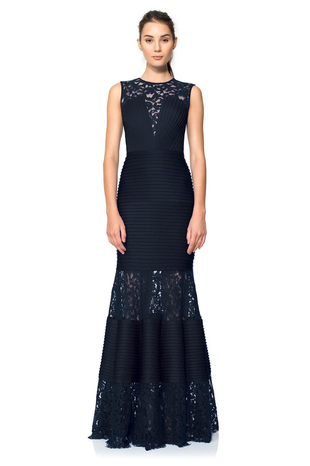 Pintuck Neoprene and Lace Illusion Gown