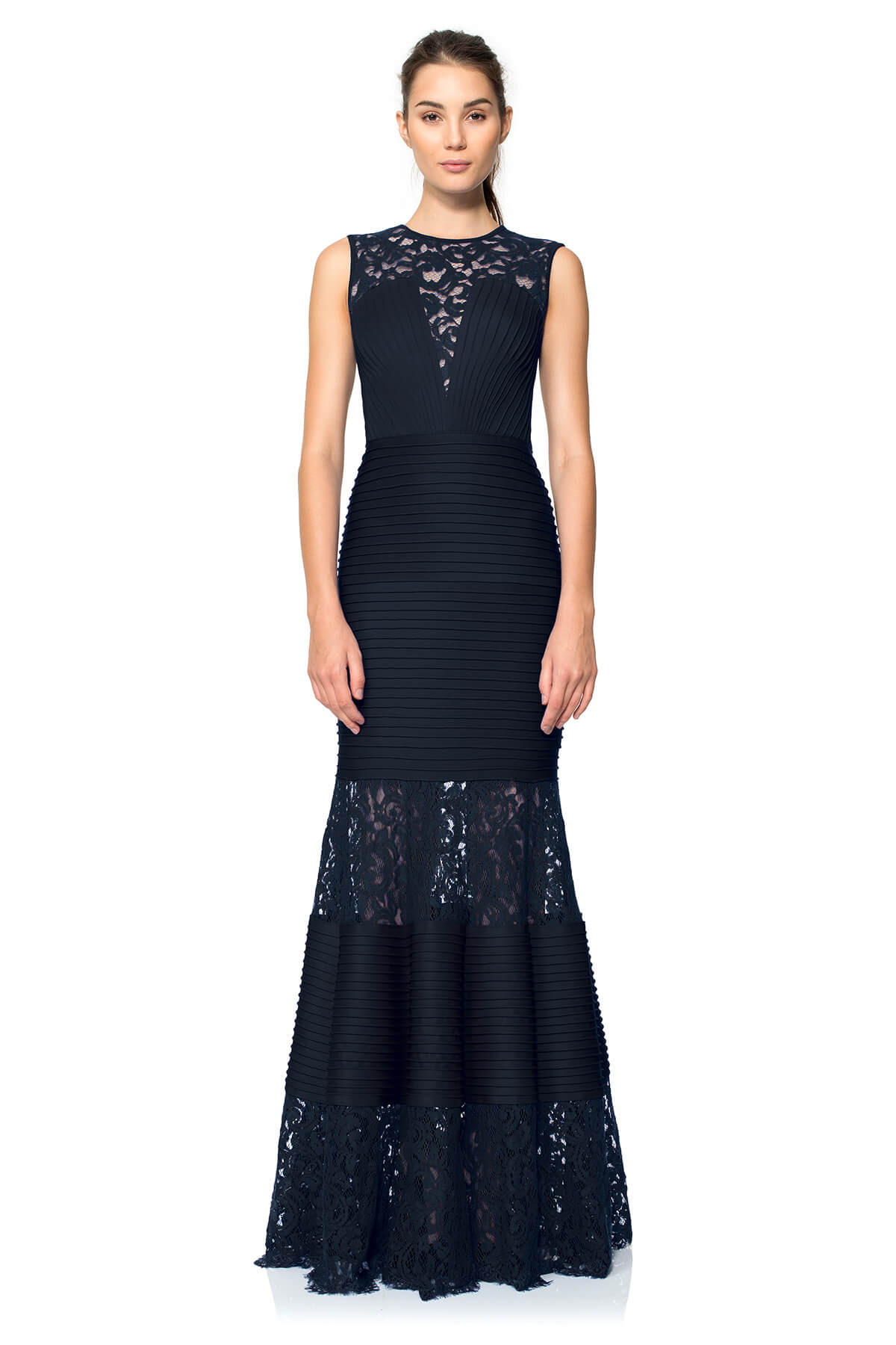Pintuck Neoprene and Lace Illusion Gown