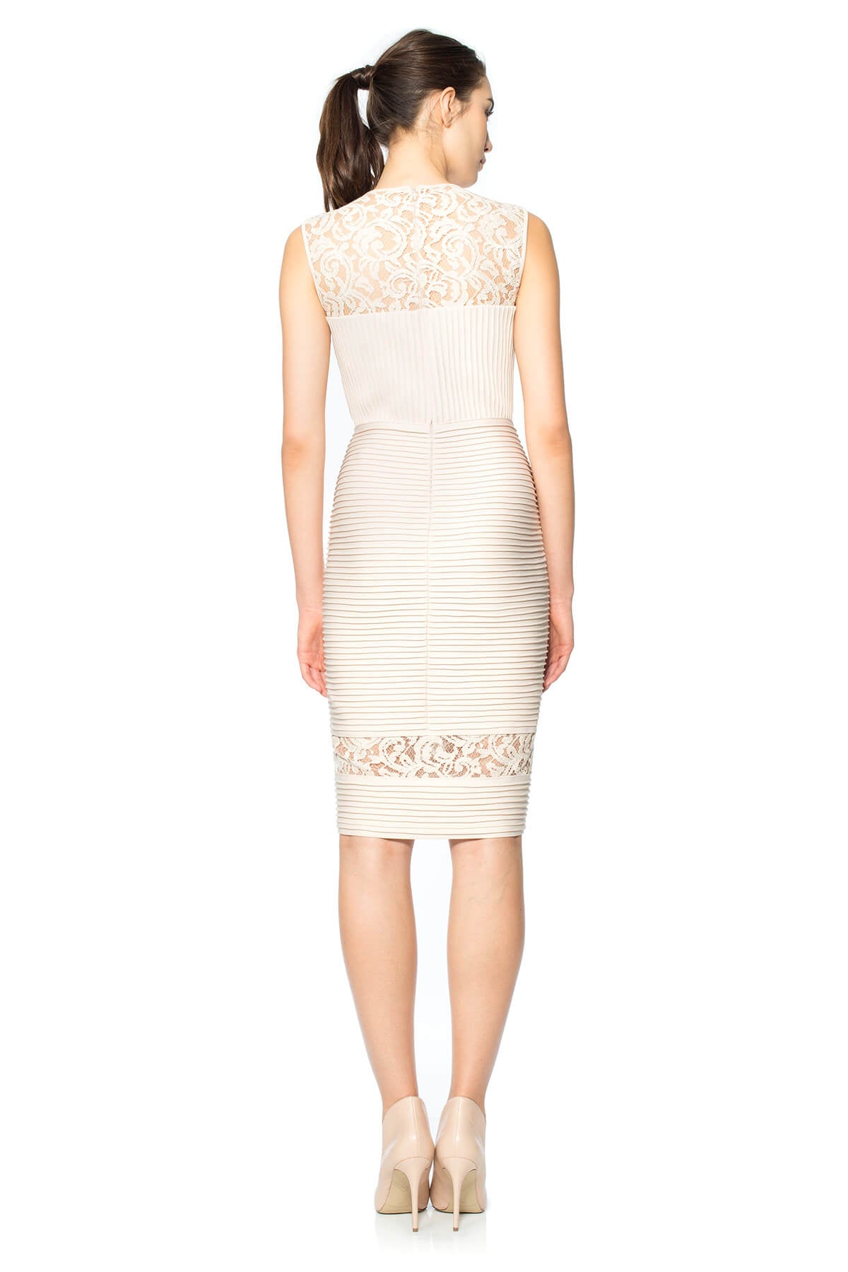 Pintuck Neoprene and Lace Illusion Dress