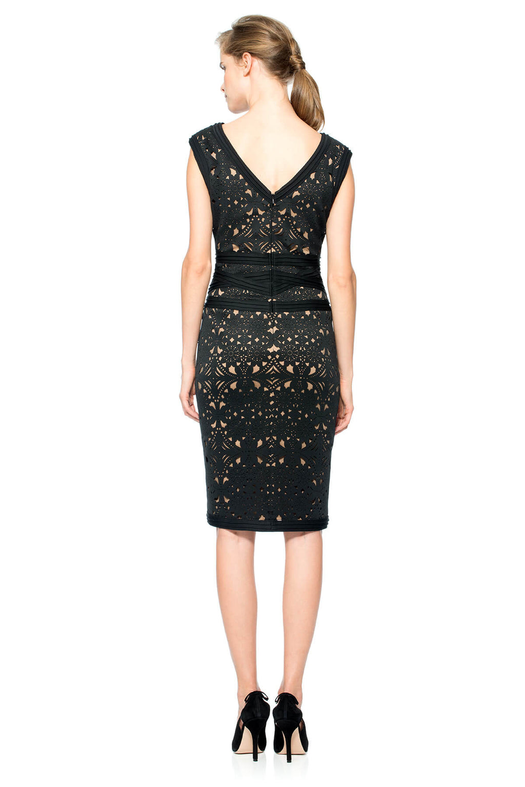 Laser-Cut Neoprene V-Neck Dress
