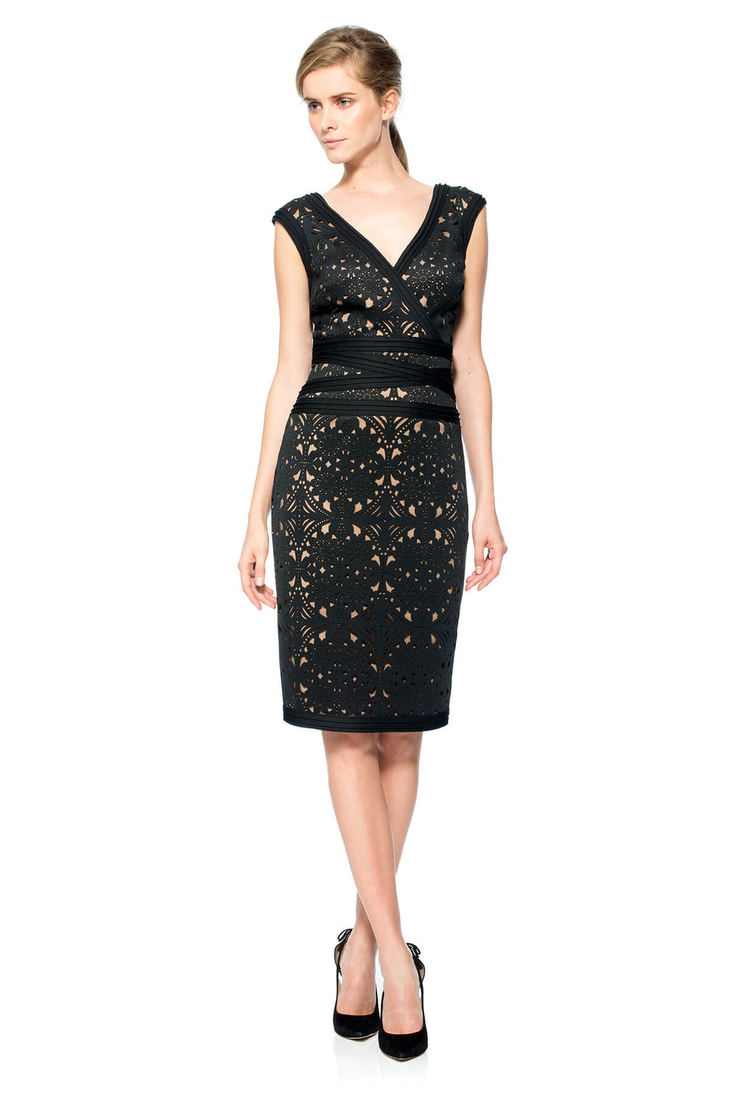 Laser-Cut Neoprene V-Neck Dress