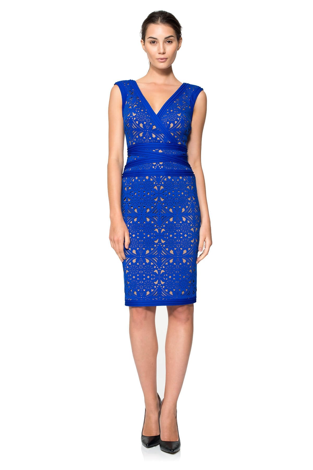 Laser-Cut Neoprene V-Neck Dress
