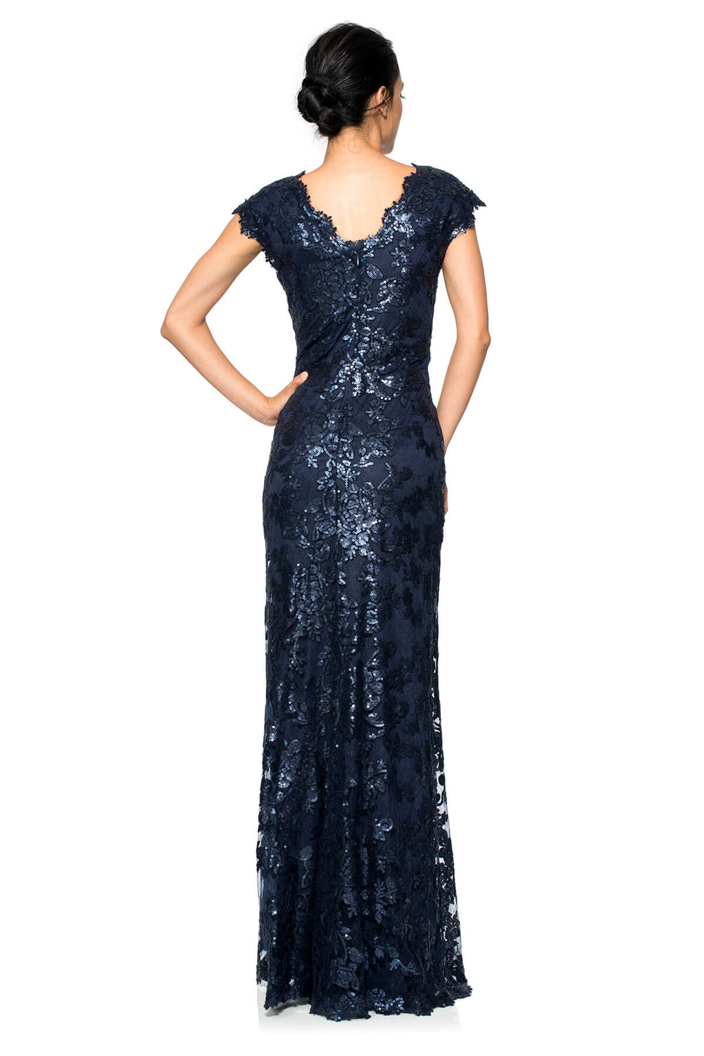 Paillette Embroidered Lace Scalloped V-Neck Gown