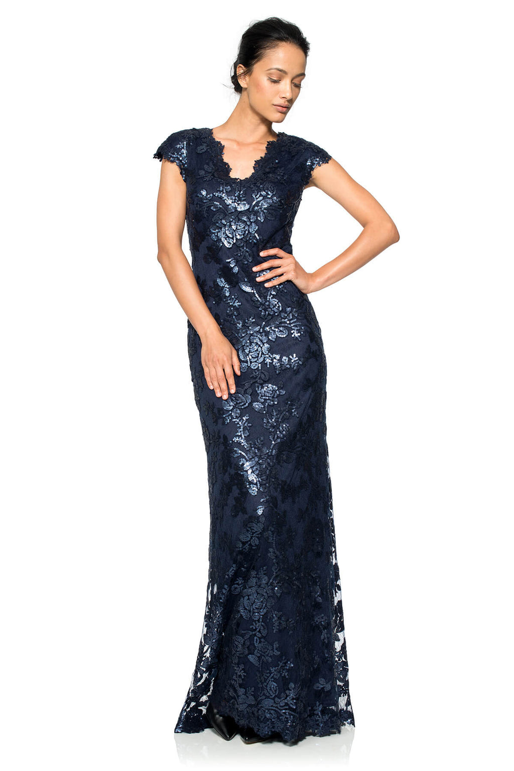 Paillette Embroidered Lace Scalloped V-Neck Gown