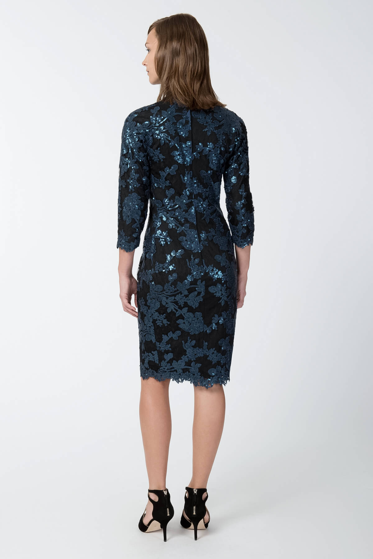 Paillette Embroidered Lace Dress in Prussian Blue / Black