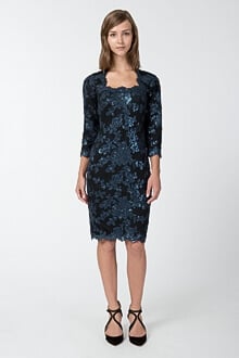 Paillette Embroidered Lace Dress in Prussian Blue / Black