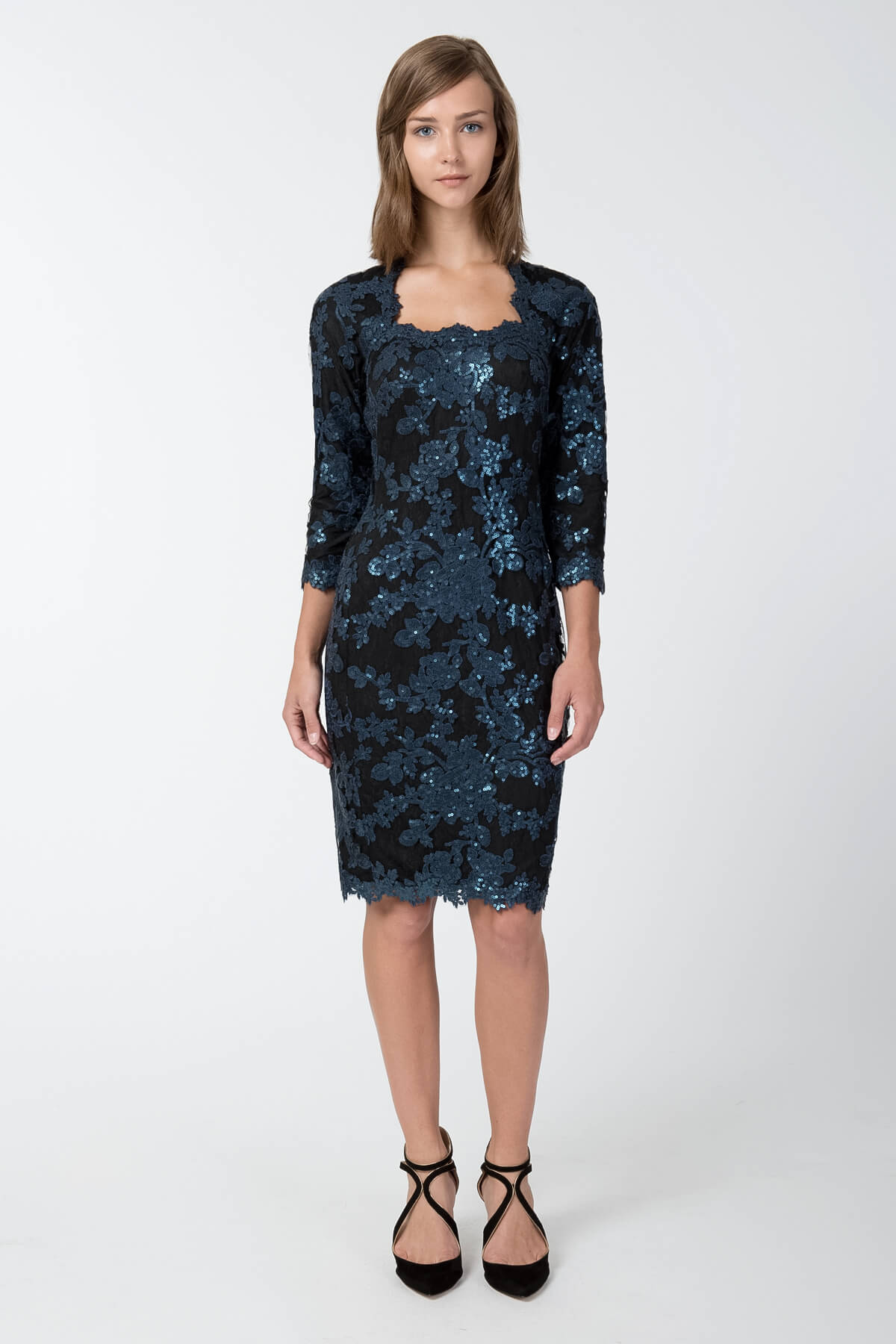 Paillette Embroidered Lace Dress in Prussian Blue / Black