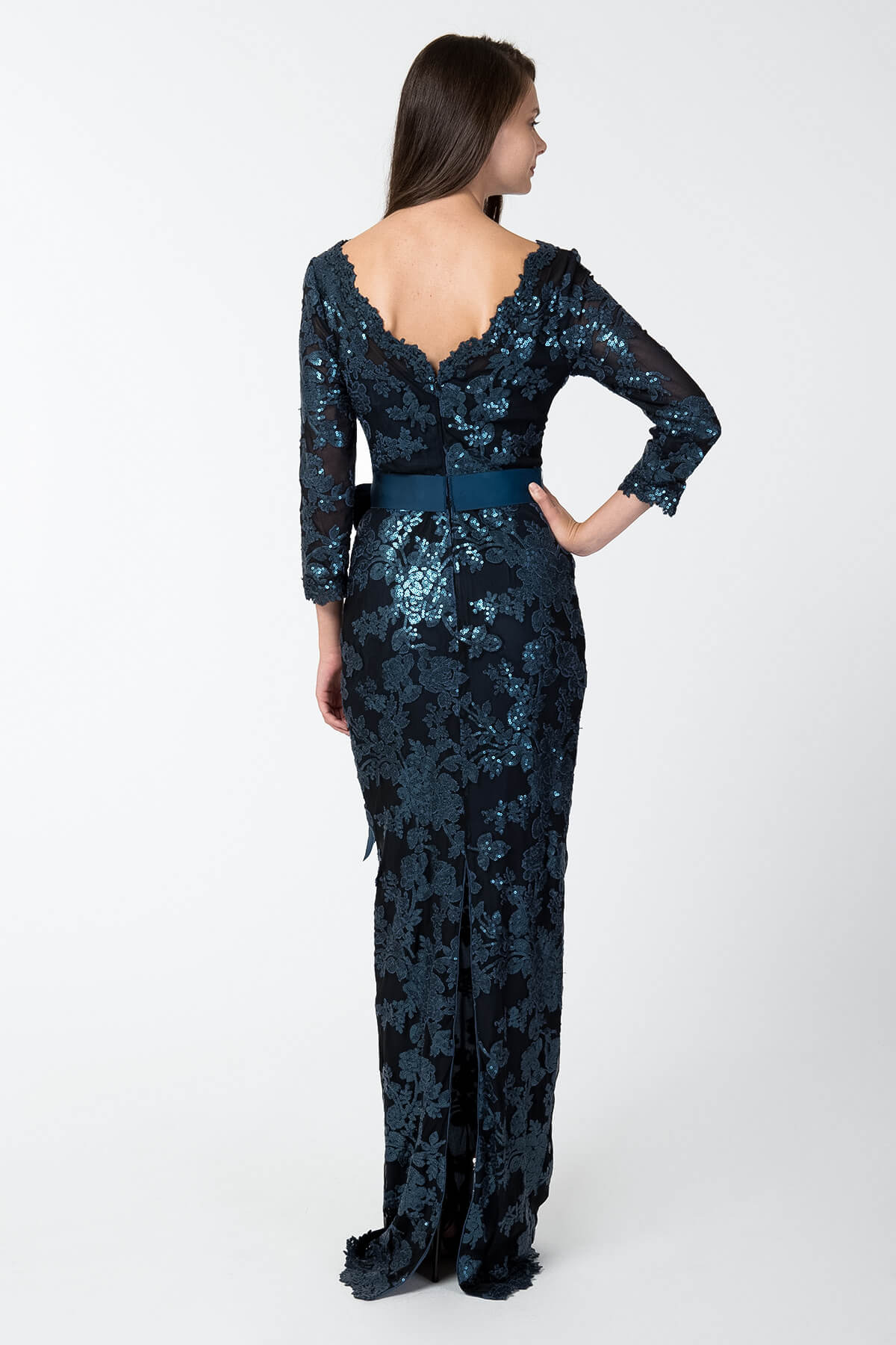 Paillette Embroidered Lace Boatneck ¾ Sleeve Gown in Prussian Blue
