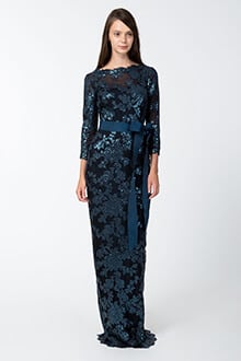 Paillette Embroidered Lace Boatneck ¾ Sleeve Gown in Prussian Blue