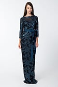 Paillette Embroidered Lace Boatneck ¾ Sleeve Gown in Prussian Blue