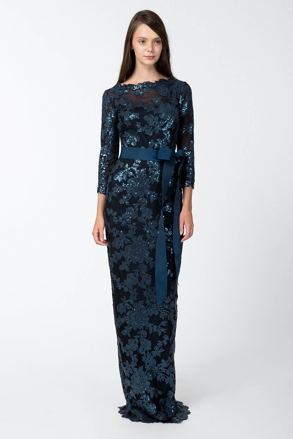 Paillette Embroidered Lace Boatneck ¾ Sleeve Gown in Prussian Blue