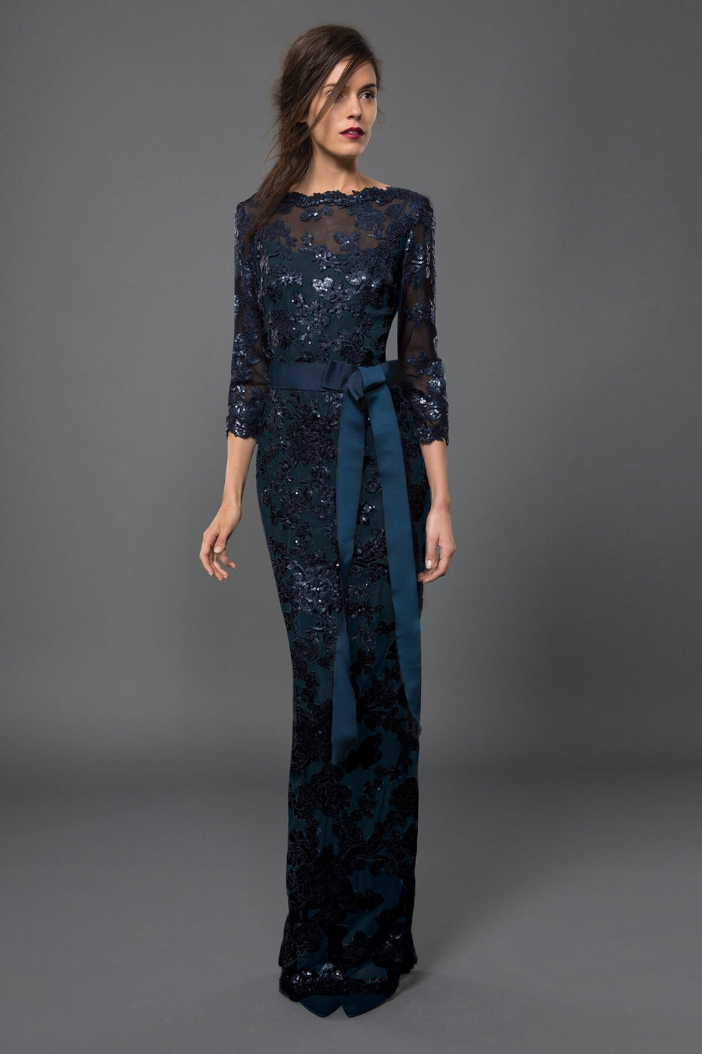 Paillette Embroidered Lace Boatneck ¾ Sleeve Gown in Prussian Blue