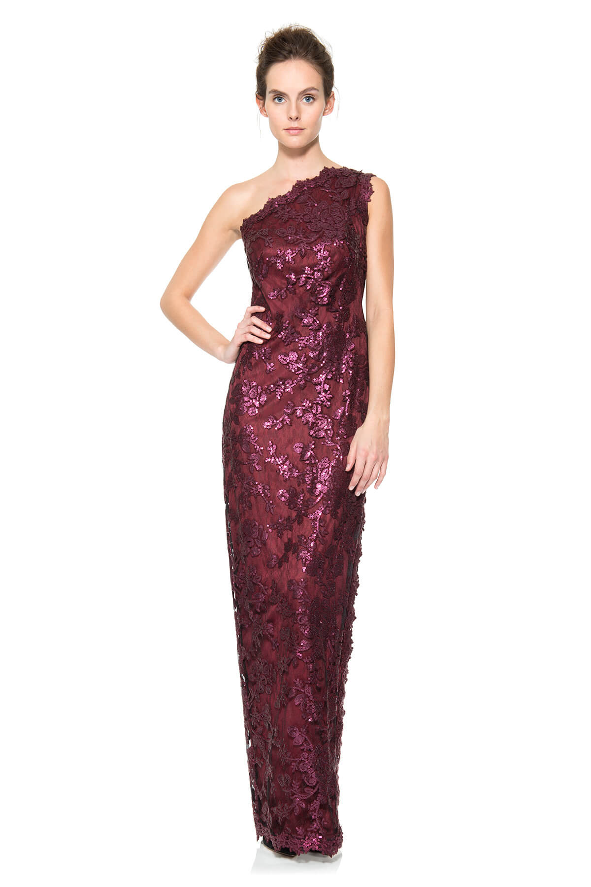Lace One Shoulder Gown in Auburn