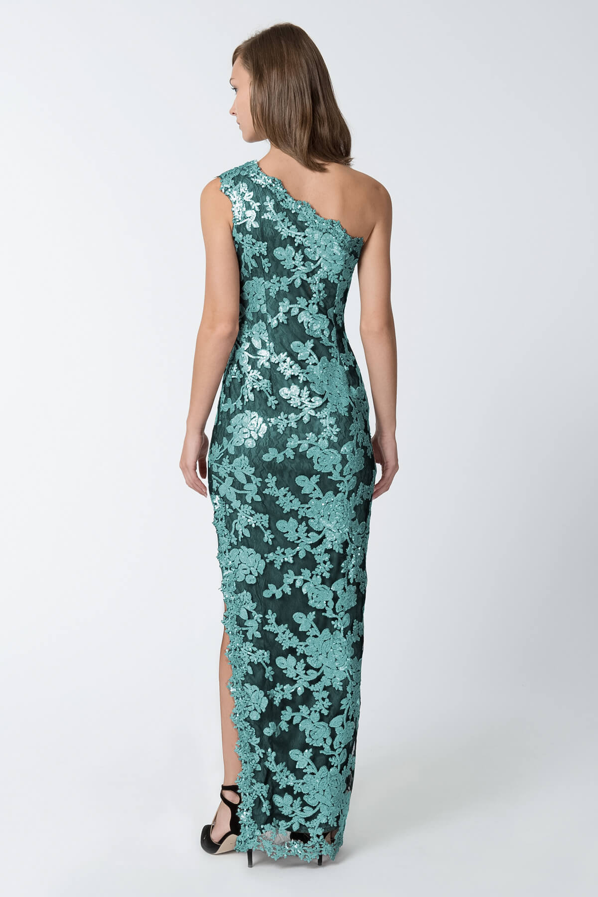 Lace One Shoulder Gown in Mystic Teal