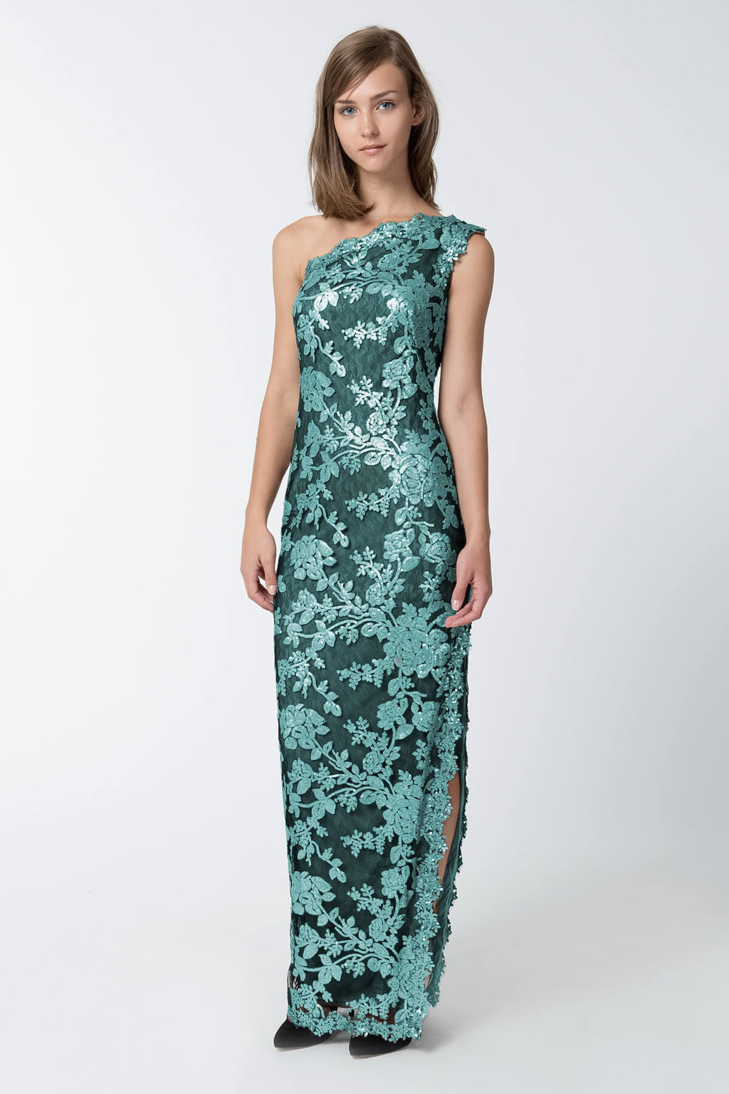 Lace One Shoulder Gown in Mystic Teal
