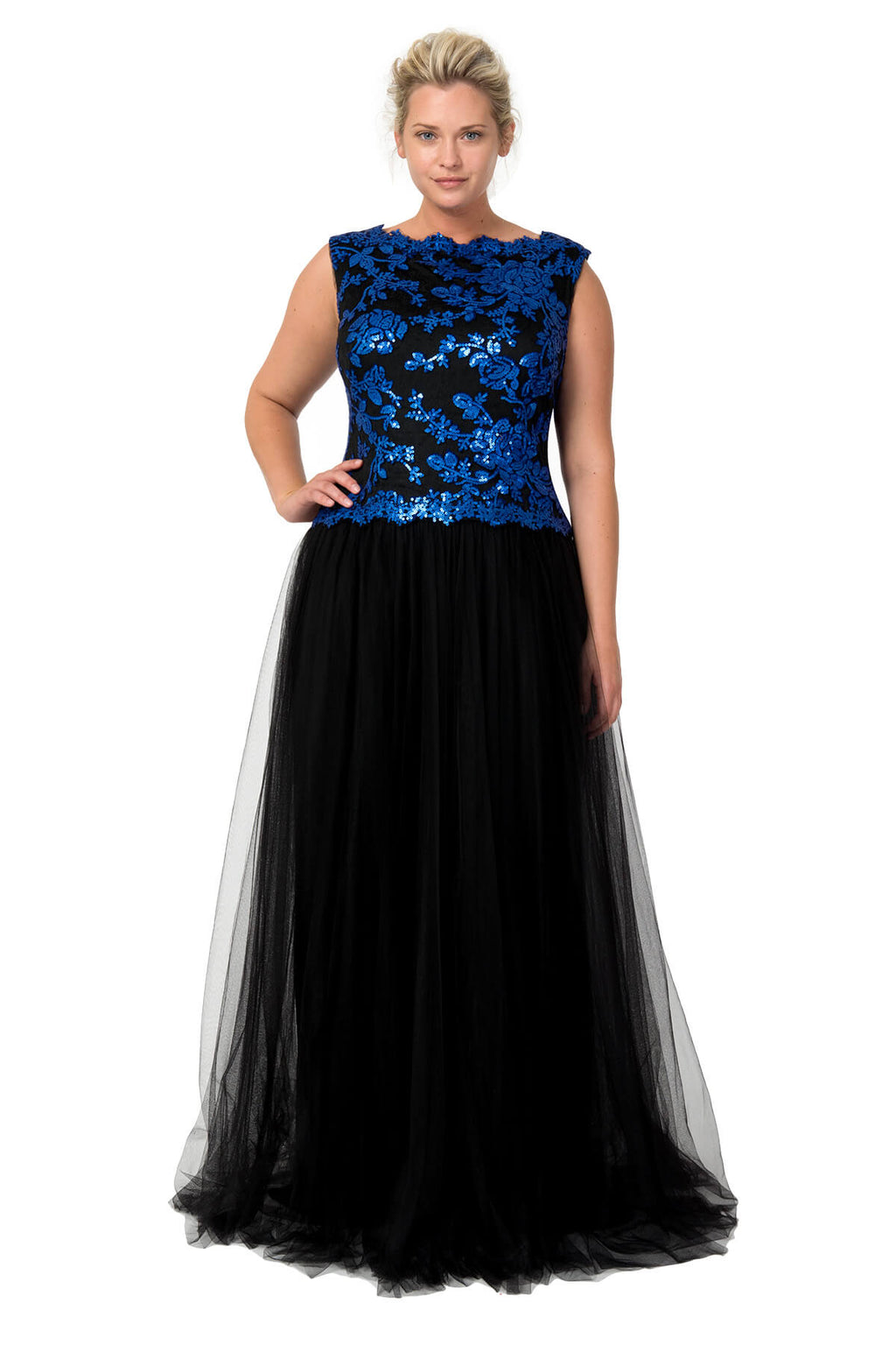 Tulle and Embroidered Lace Ball Gown in Sapphire / Black