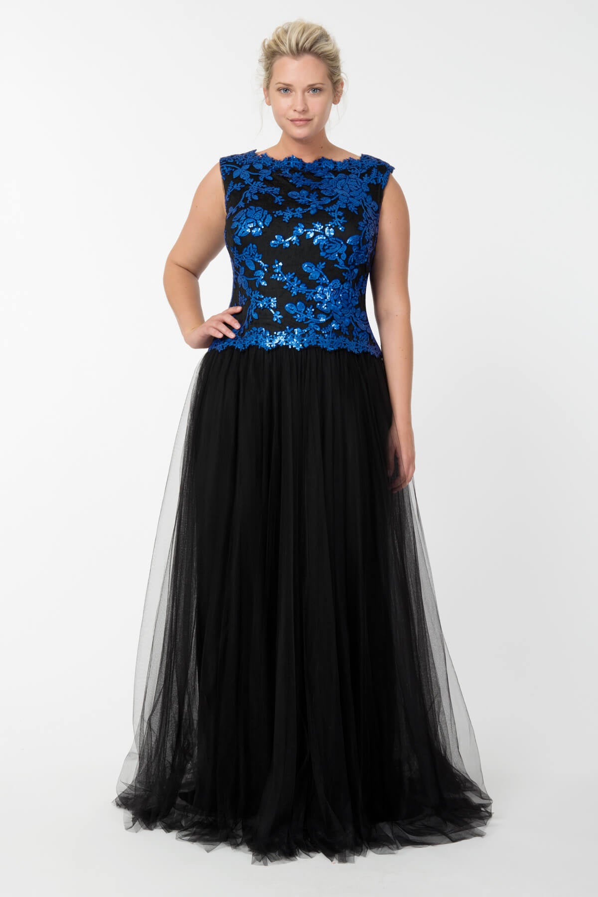 Tulle and Embroidered Lace Ball Gown in Sapphire / Black