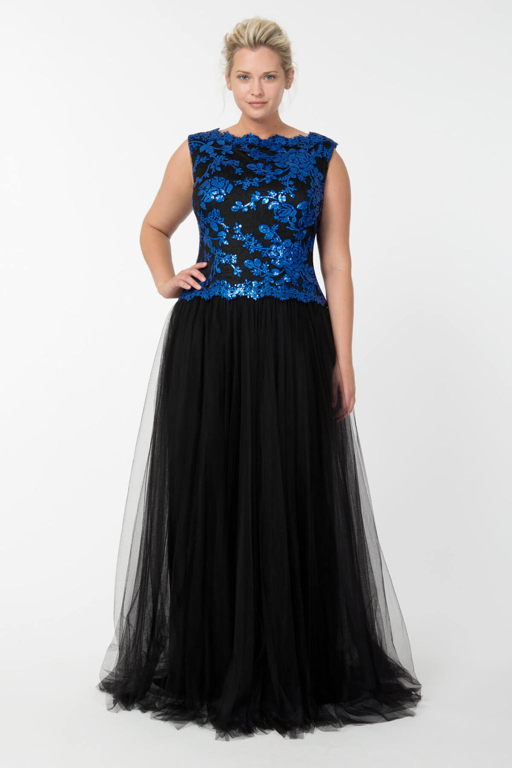 Tulle and Embroidered Lace Ball Gown in Sapphire / Black