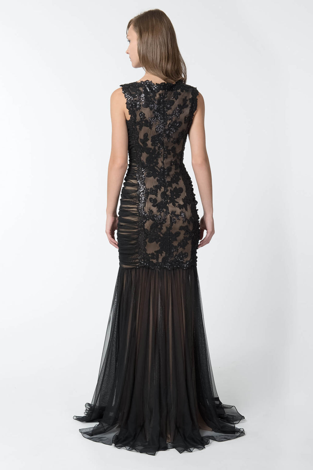 Paillette Embroidered Lace and Tulle Gown in Black / Nude