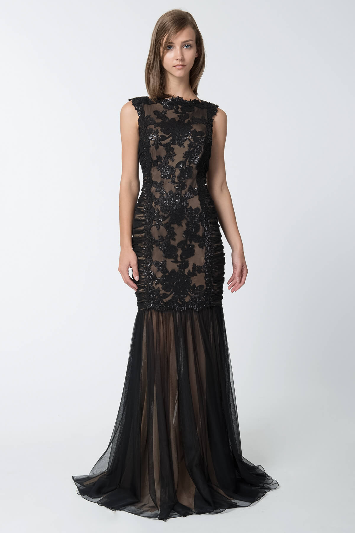 Paillette Embroidered Lace and Tulle Gown in Black / Nude