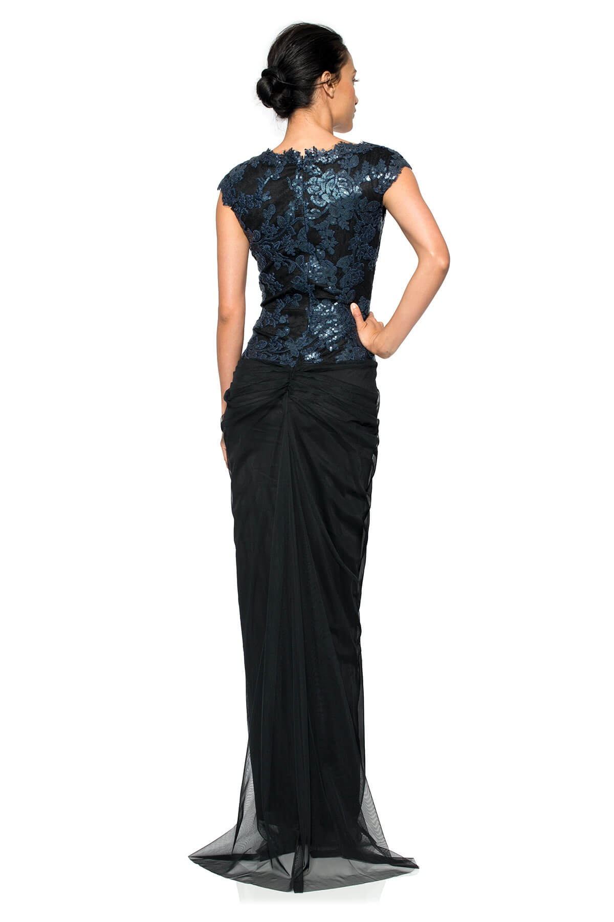 Paillette Embroidered Lace V-Neck Gown with Tulle Skirt