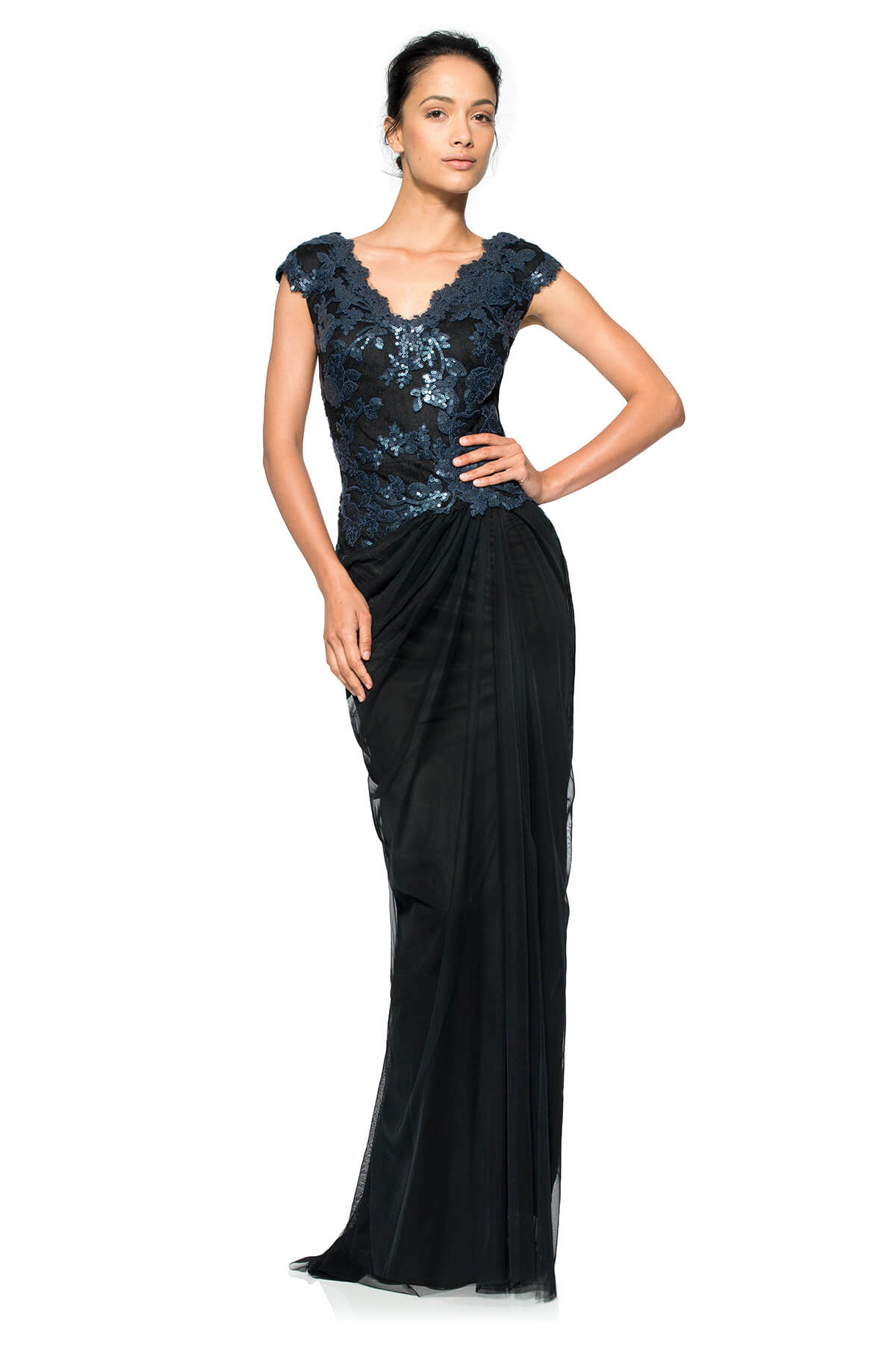 Paillette Embroidered Lace V-Neck Gown with Tulle Skirt